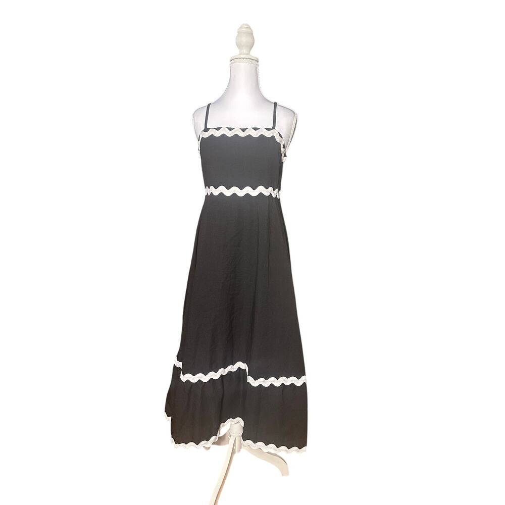 Black White Preppy Maxi Tiered Flowing Spaghetti Strap Small Sun Dress - Picture 2 of 10